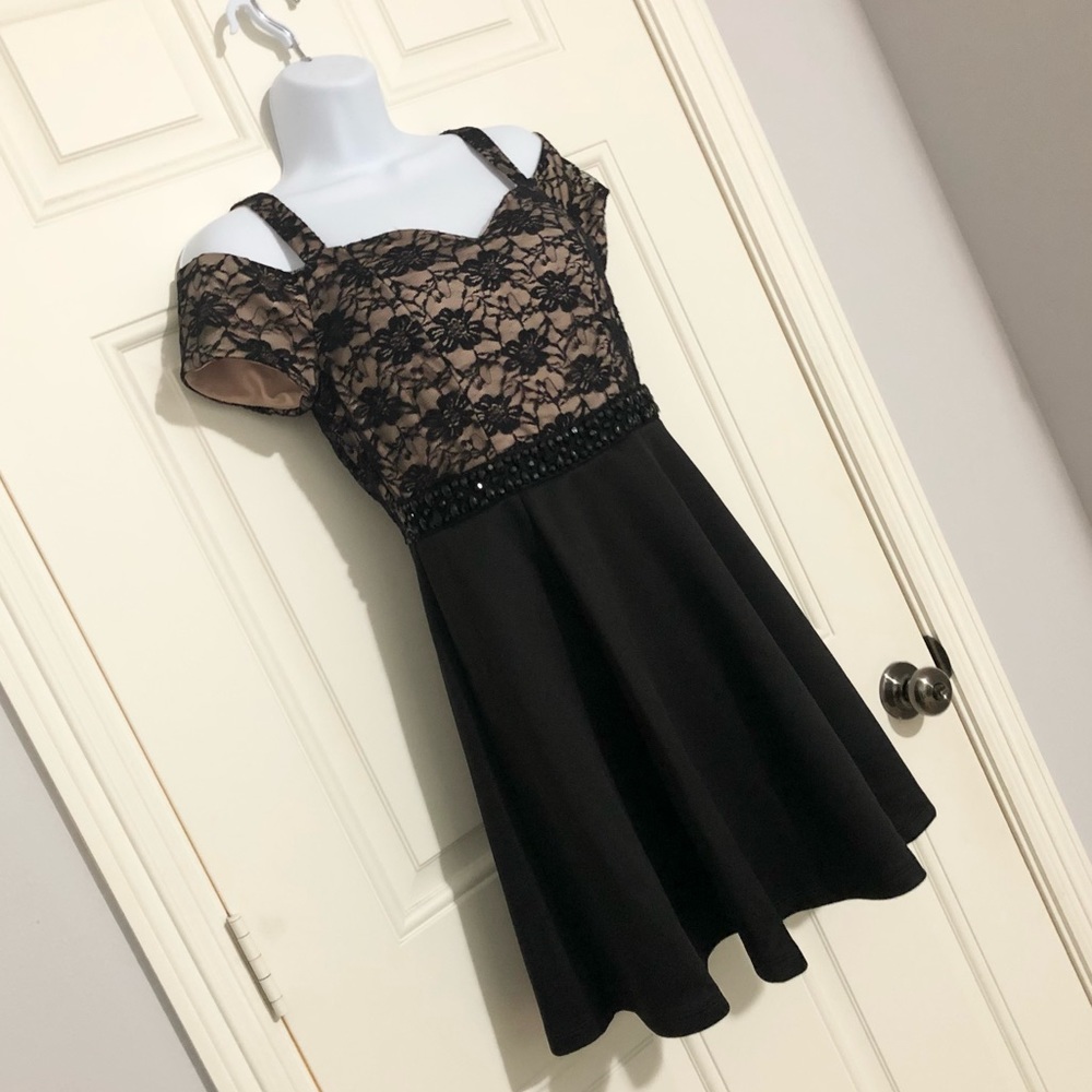 Honey and Rosie Off-Shoulder Lace Bodice Fit and Flare Dress